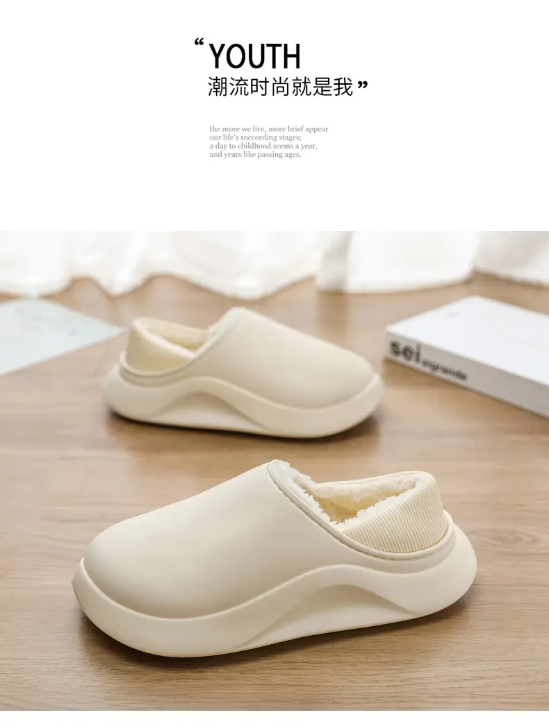 Cotton slippers men's winter indoor home fleece-lined warm waterproof couple cotton slippers bag heel slip-on fashion cotton shoes — feature 18