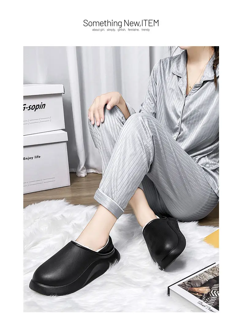 Cotton slippers men's winter indoor home fleece-lined warm waterproof couple cotton slippers bag heel slip-on fashion cotton shoes — feature 19