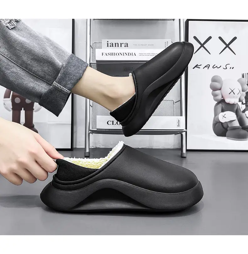Cotton slippers men's winter indoor home fleece-lined warm waterproof couple cotton slippers bag heel slip-on fashion cotton shoes — feature 20
