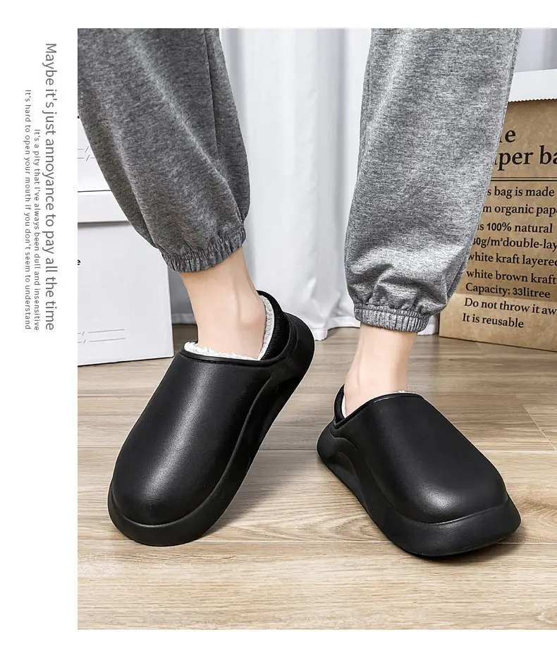 Cotton slippers men's winter indoor home fleece-lined warm waterproof couple cotton slippers bag heel slip-on fashion cotton shoes — feature 21