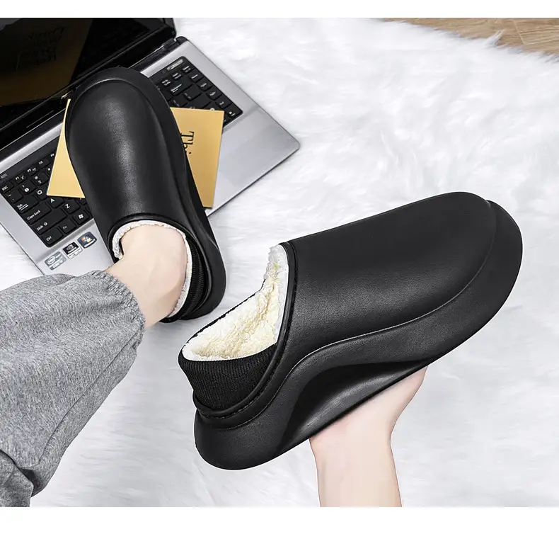 Cotton slippers men's winter indoor home fleece-lined warm waterproof couple cotton slippers bag heel slip-on fashion cotton shoes — feature 23