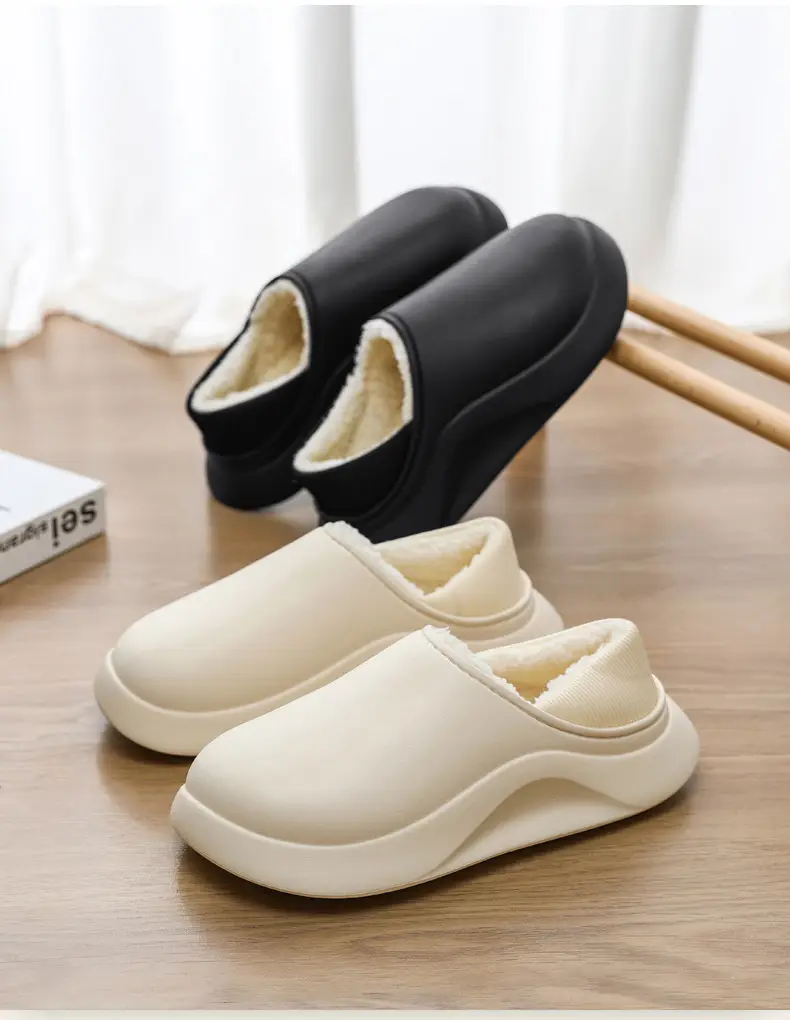 Cotton slippers men's winter indoor home fleece-lined warm waterproof couple cotton slippers bag heel slip-on fashion cotton shoes — feature 3