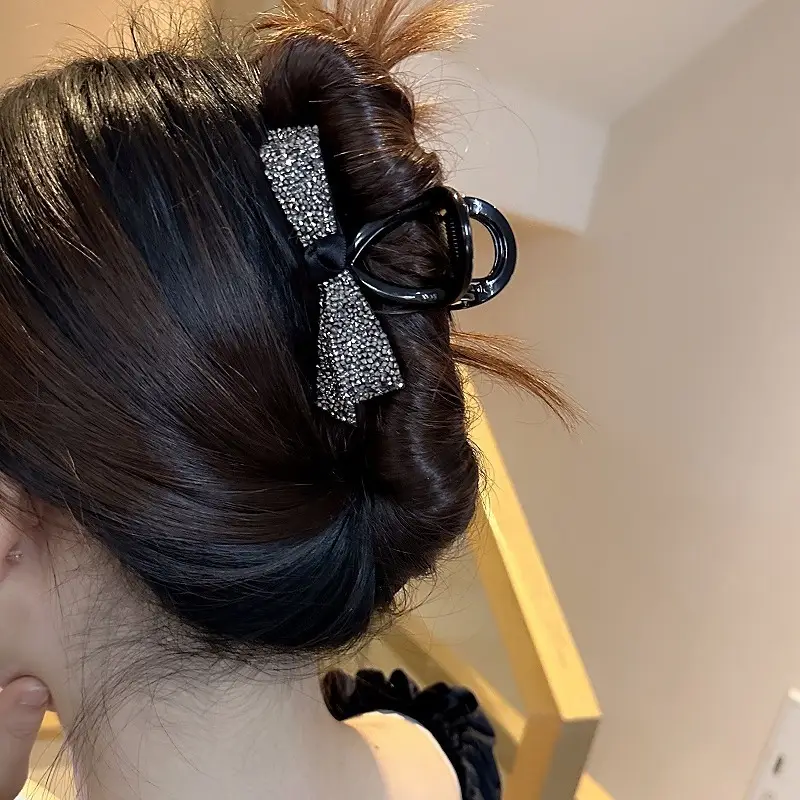 Black Crystal Bow Hair Clip with Diamond Bow - Image 4