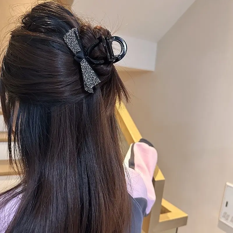 Black Crystal Bow Hair Clip with Diamond Bow - Image 5