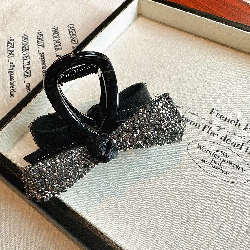 Black Crystal Bow Hair Clip with Diamond Bow — feature 3