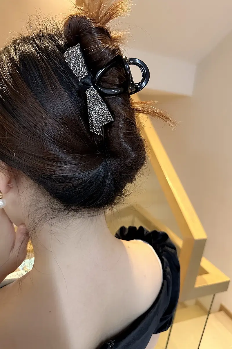 Black Crystal Bow Hair Clip with Diamond Bow — feature 9