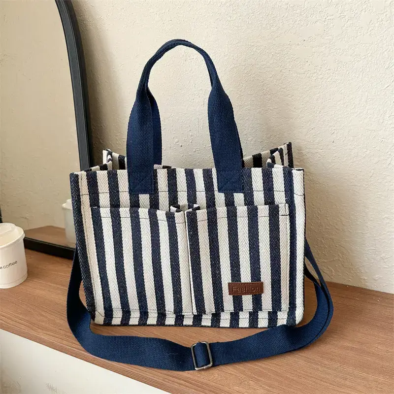 2023 Western Canvas Tote Bag Navy Blue Striped - Image 5