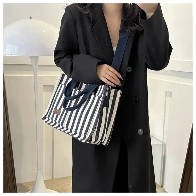 2023 Western Canvas Tote Bag Navy Blue Striped — feature 20