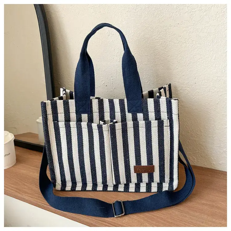 2023 Western Canvas Tote Bag Navy Blue Striped — feature 24