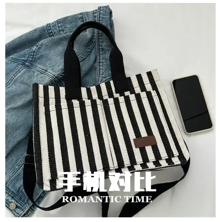 2023 Western Canvas Tote Bag Navy Blue Striped — feature 3
