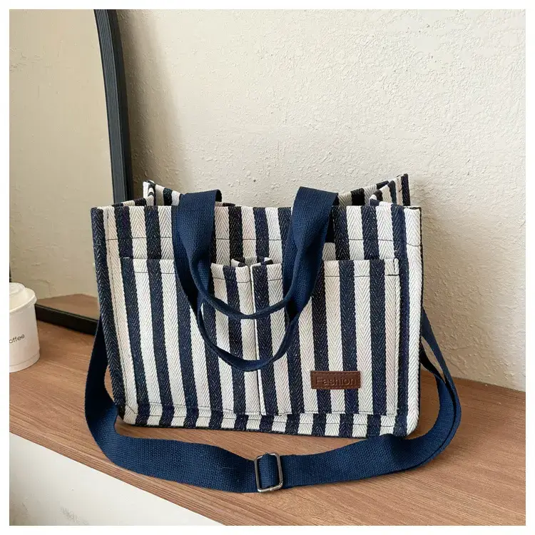 2023 Western Canvas Tote Bag Navy Blue Striped — feature 31