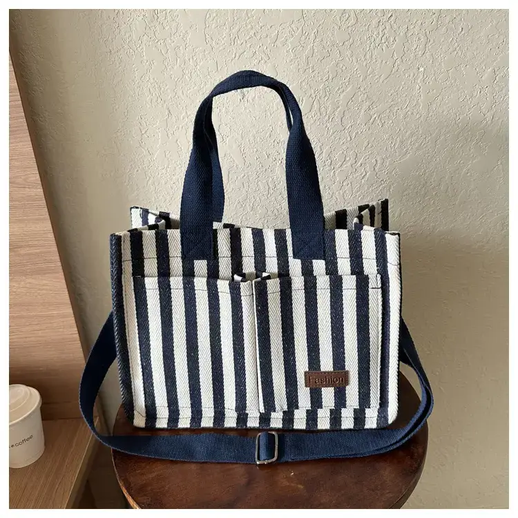 2023 Western Canvas Tote Bag Navy Blue Striped — feature 32