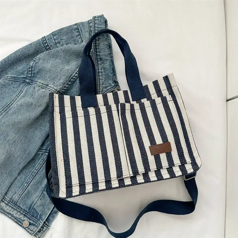 2023 Western Canvas Tote Bag Navy Blue Striped - Image 2