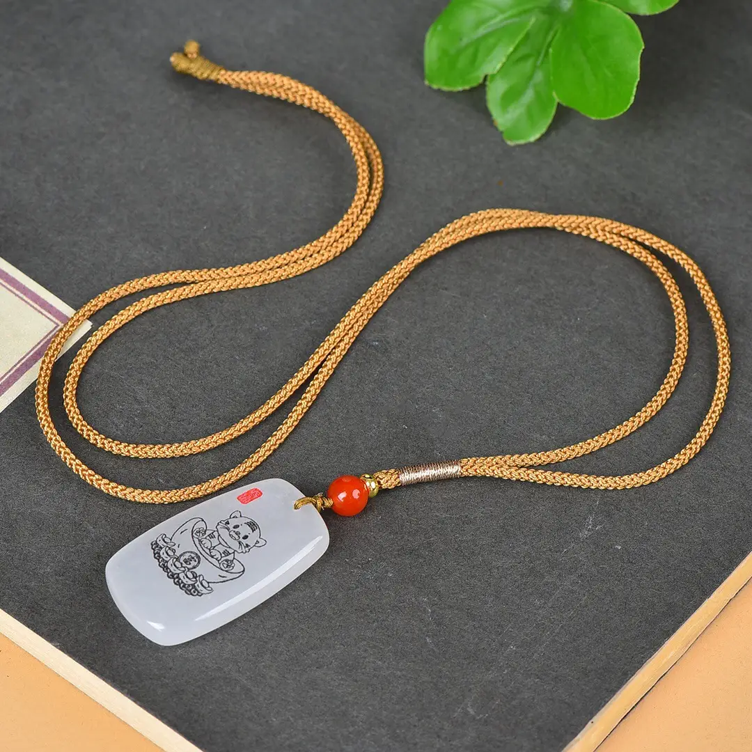 Gold Silk Jade Cat Necklace with Red Pearl - Image 3