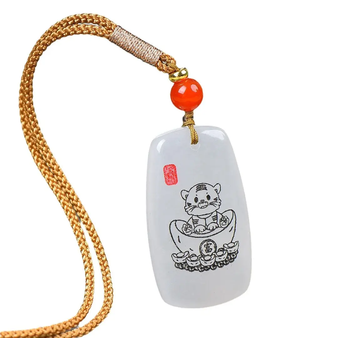 Gold Silk Jade Cat Necklace with Red Pearl - Image 5