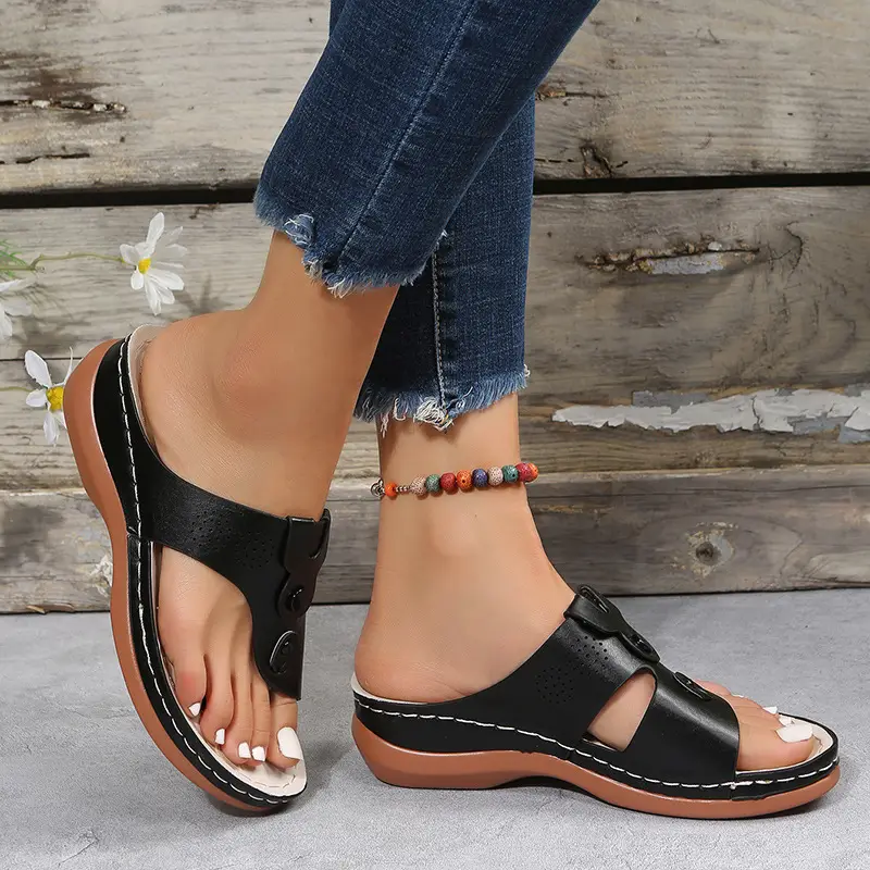 Women's Black Leather Wedge Slippers European American Fashion — feature 15
