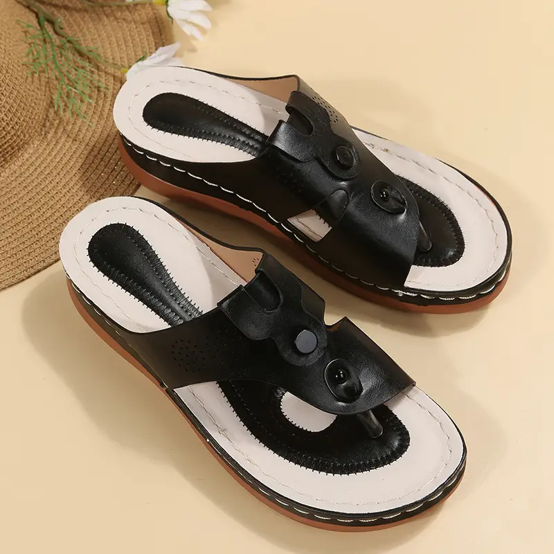 Women's Black Leather Wedge Slippers European American Fashion — feature 3