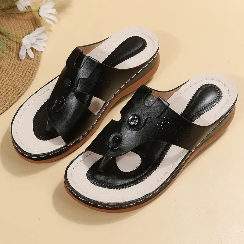 Women's Black Leather Wedge Slippers European American Fashion — feature 6