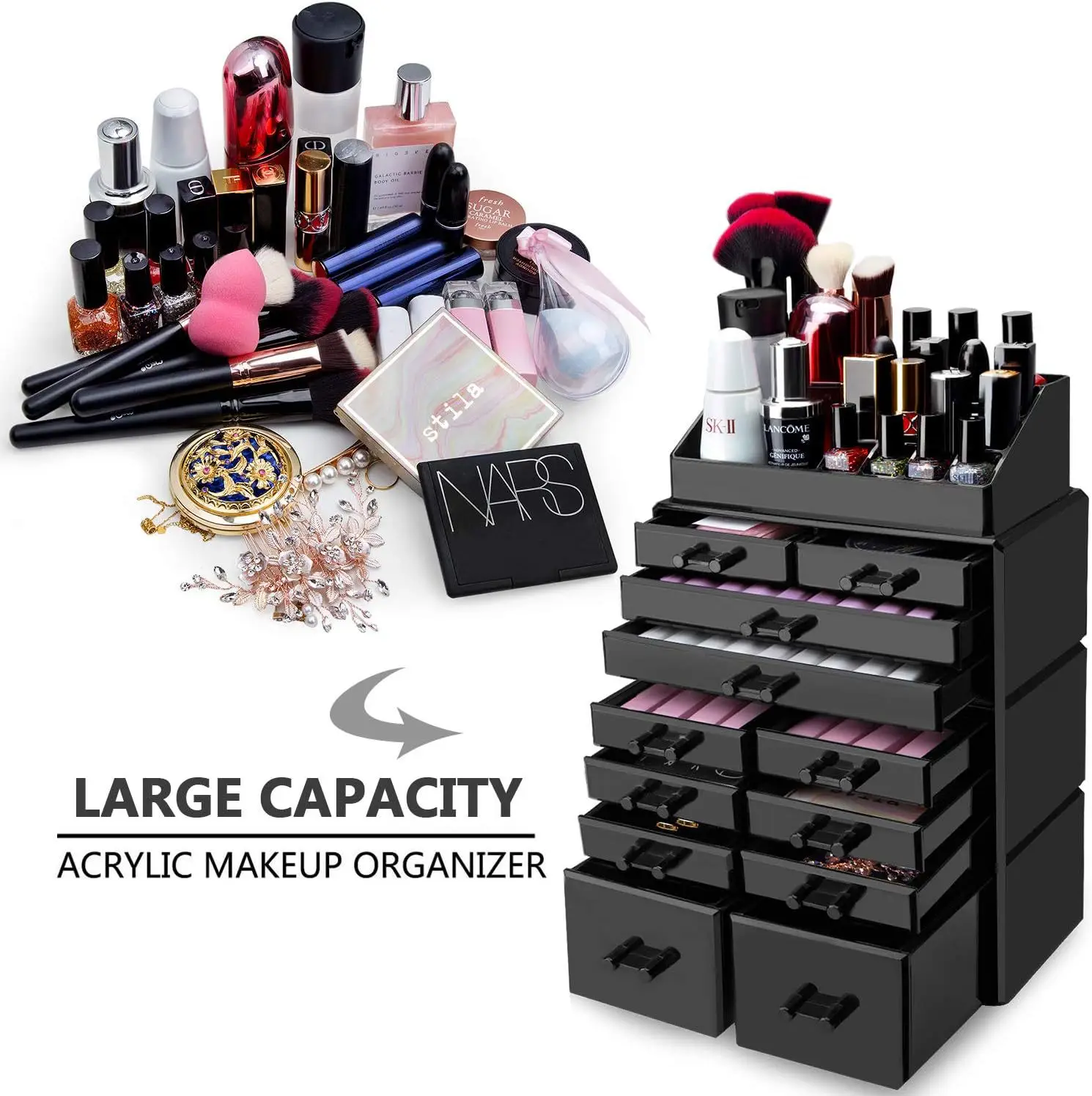 Black Acrylic Makeup Organizer with 12 Drawers β feature 12