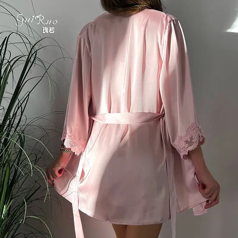 Ruoruo Satin Nightdress Pink Lace Belted V-Neck - Image 12
