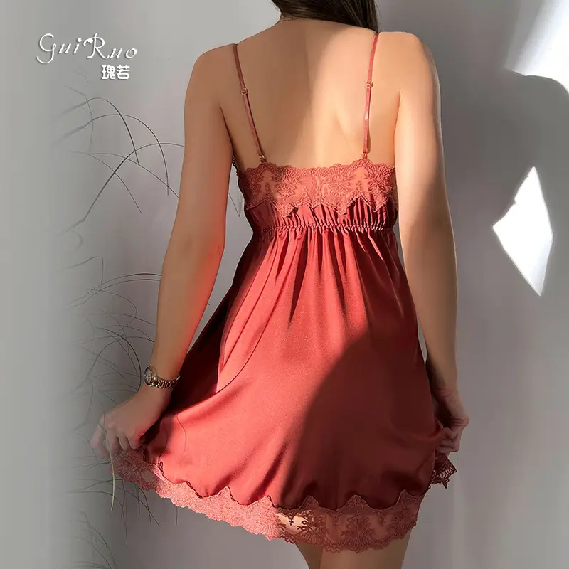 Ruoruo Satin Nightdress Pink Lace Belted V-Neck - Image 14