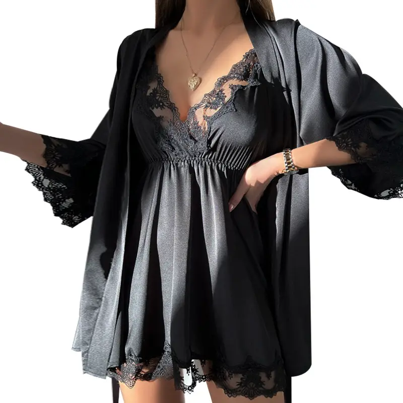 Ruoruo Satin Nightdress Pink Lace Belted V-Neck - Image 15