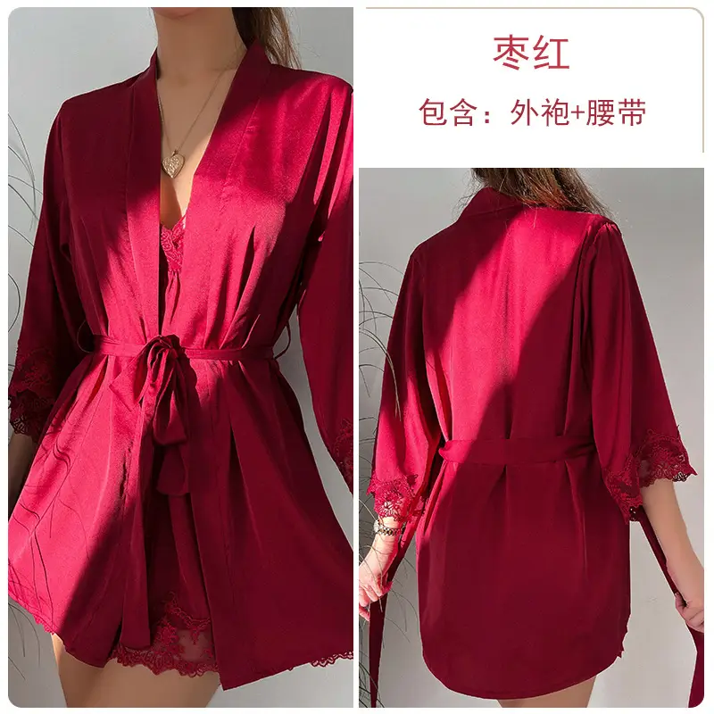 Ruoruo Satin Nightdress Pink Lace Belted V-Neck - Image 10