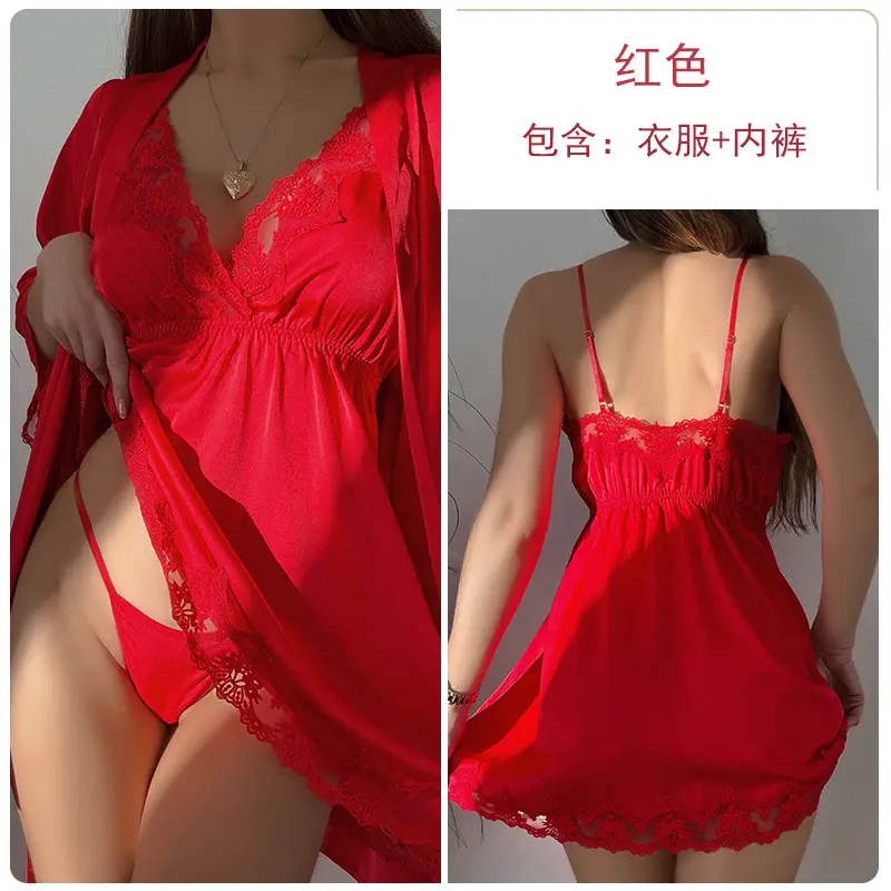 Ruoruo Satin Nightdress Pink Lace Belted V-Neck - Image 3