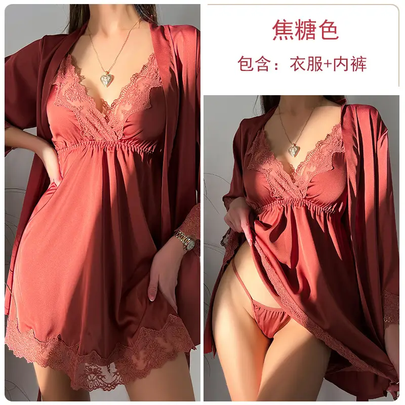 Ruoruo Satin Nightdress Pink Lace Belted V-Neck - Image 5