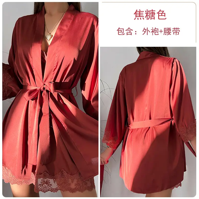 Ruoruo Satin Nightdress Pink Lace Belted V-Neck - Image 6