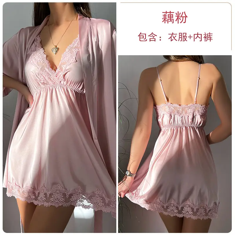 Ruoruo Satin Nightdress Pink Lace Belted V-Neck - Image 7