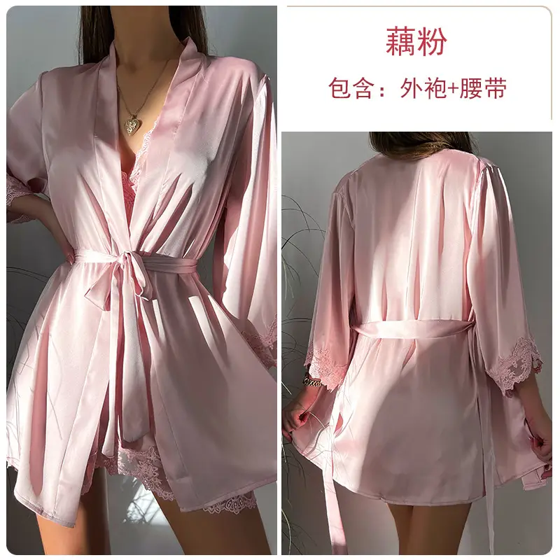 Ruoruo Satin Nightdress Pink Lace Belted V-Neck - Image 8