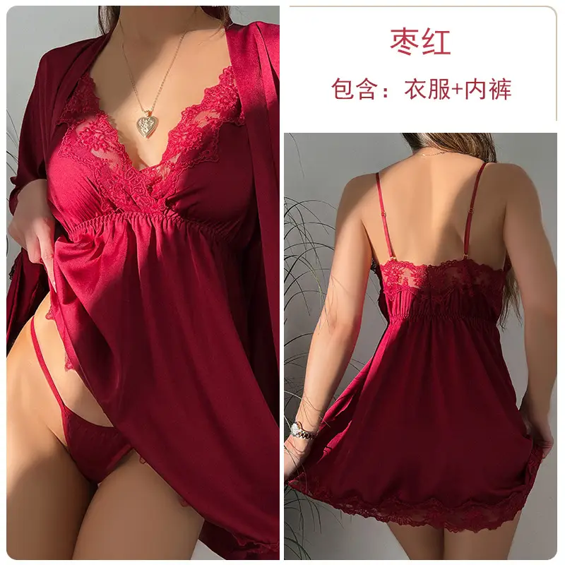 Ruoruo Satin Nightdress Pink Lace Belted V-Neck - Image 9