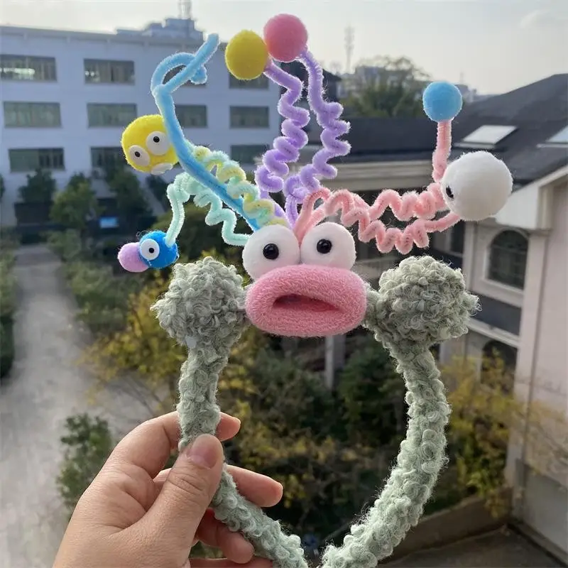 Plush Colorful Headband with Pom Pom Face
