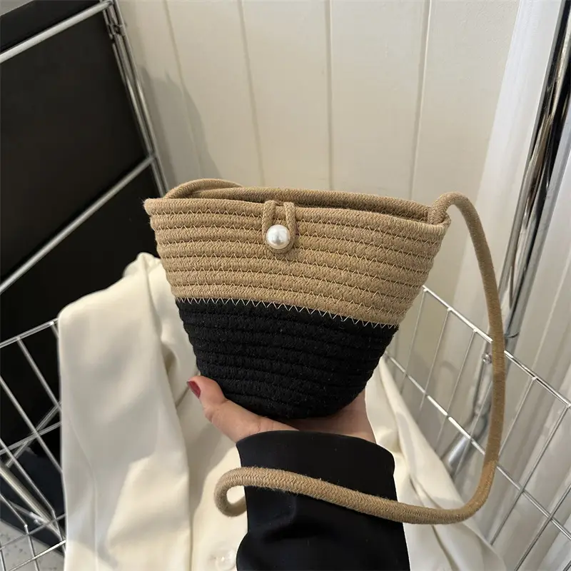 Woven Beige Shoulder Messenger Bag with Yellow Bow