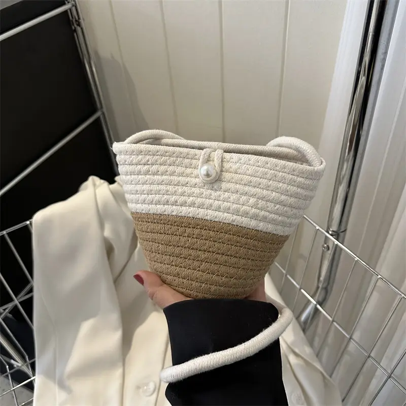 Woven Beige Shoulder Messenger Bag with Yellow Bow