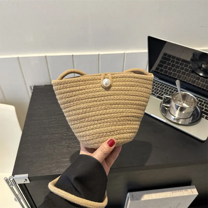 Woven Beige Shoulder Messenger Bag with Yellow Bow