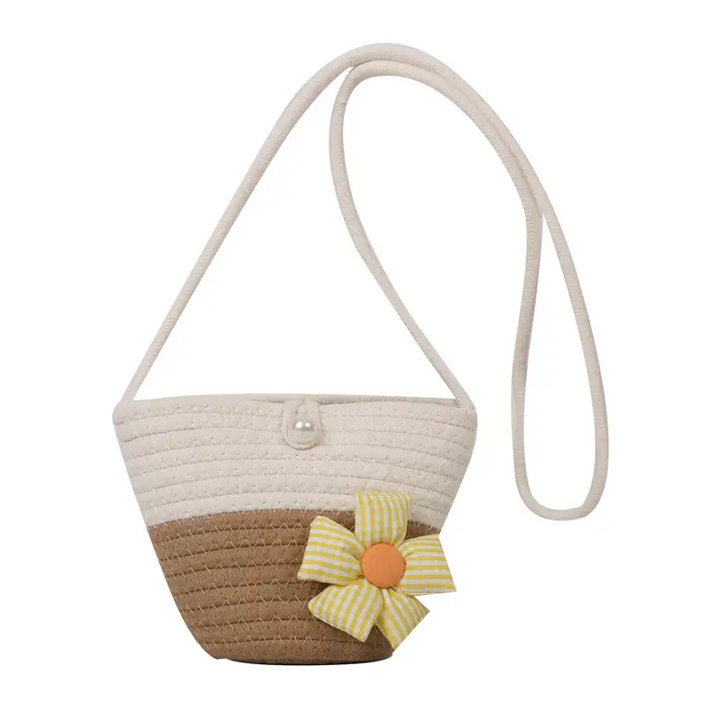 Woven Beige Shoulder Messenger Bag with Yellow Bow