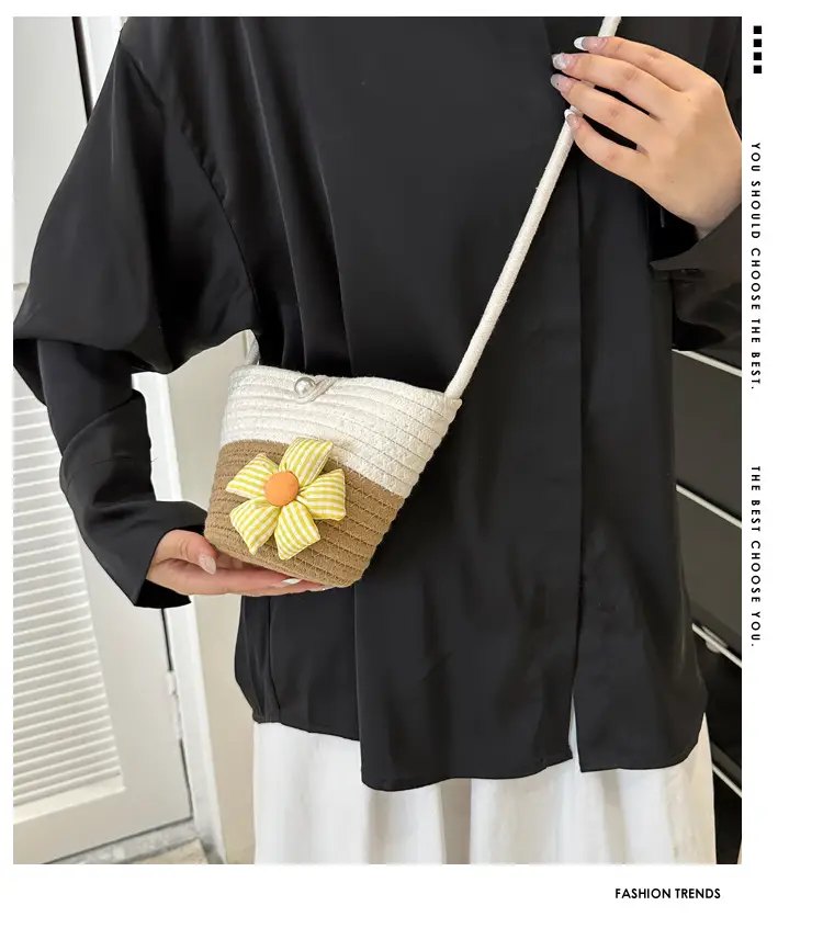 Woven Beige Shoulder Messenger Bag with Yellow Bow — feature 1