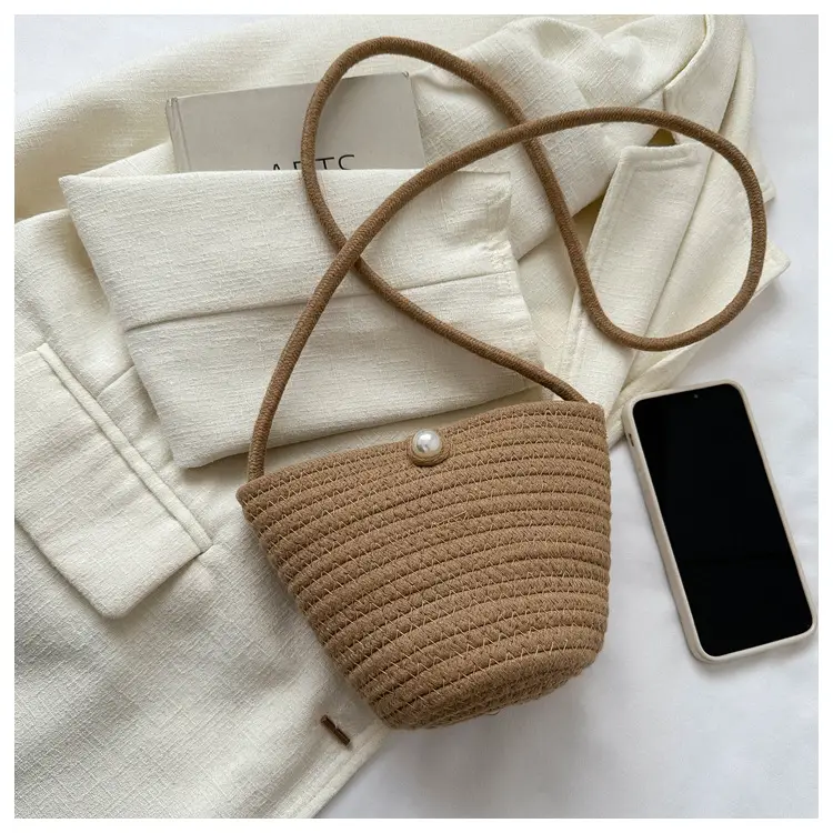Woven Beige Shoulder Messenger Bag with Yellow Bow — feature 10
