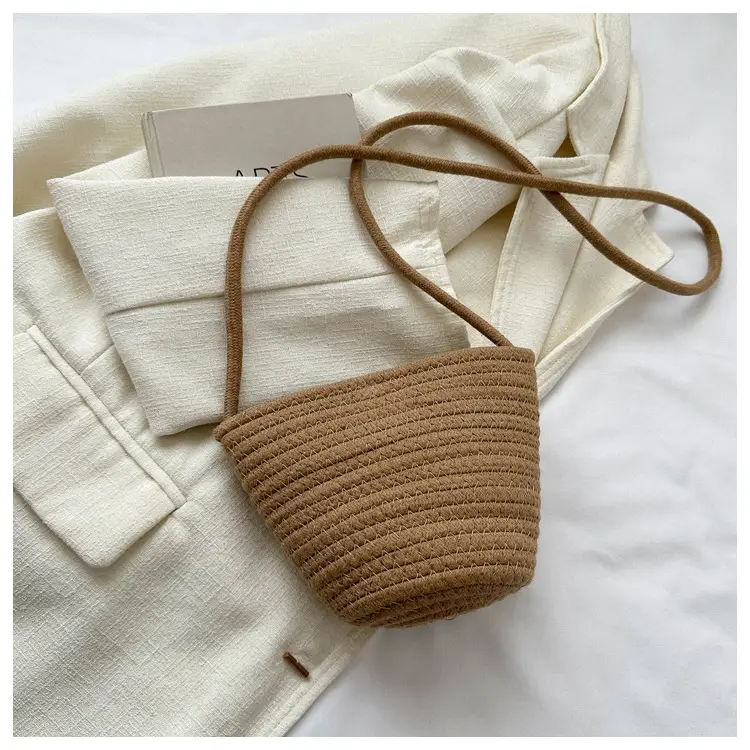 Woven Beige Shoulder Messenger Bag with Yellow Bow — feature 11