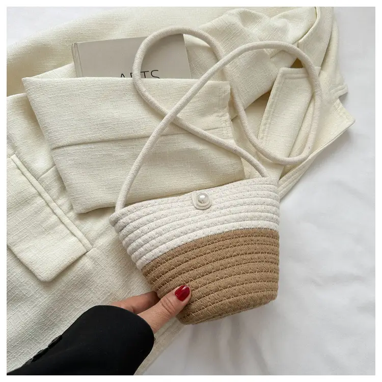 Woven Beige Shoulder Messenger Bag with Yellow Bow — feature 12