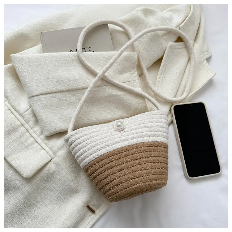 Woven Beige Shoulder Messenger Bag with Yellow Bow — feature 13