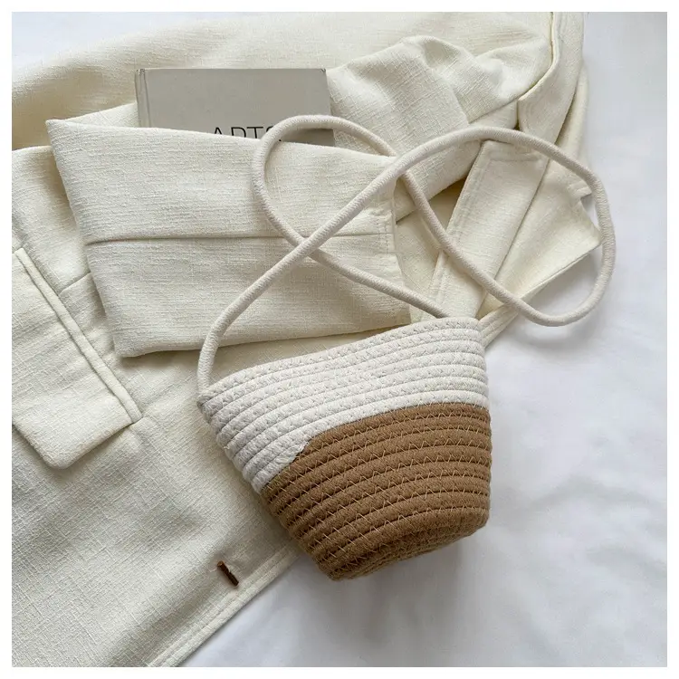Woven Beige Shoulder Messenger Bag with Yellow Bow — feature 14