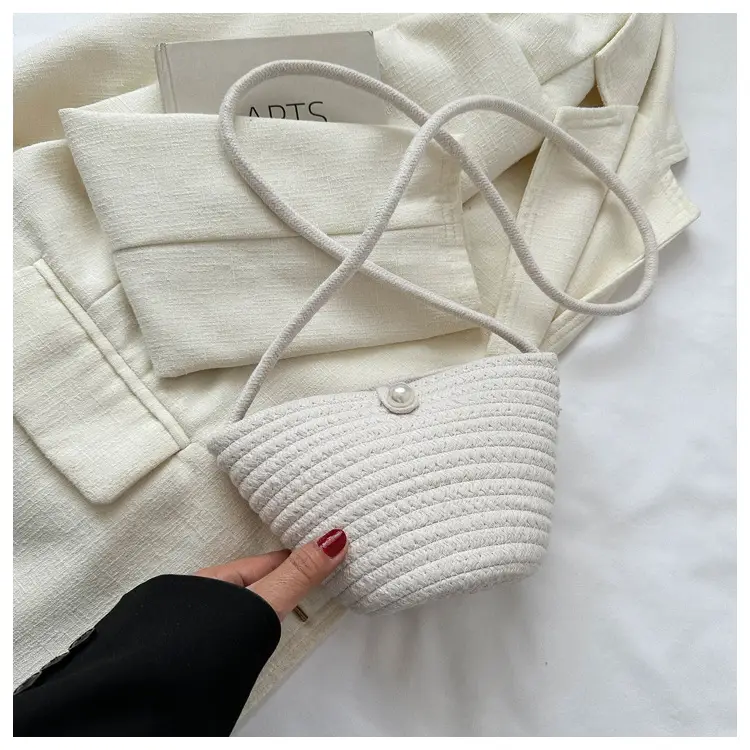 Woven Beige Shoulder Messenger Bag with Yellow Bow — feature 15