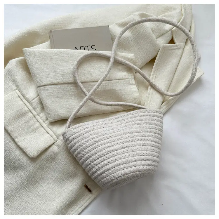 Woven Beige Shoulder Messenger Bag with Yellow Bow — feature 17
