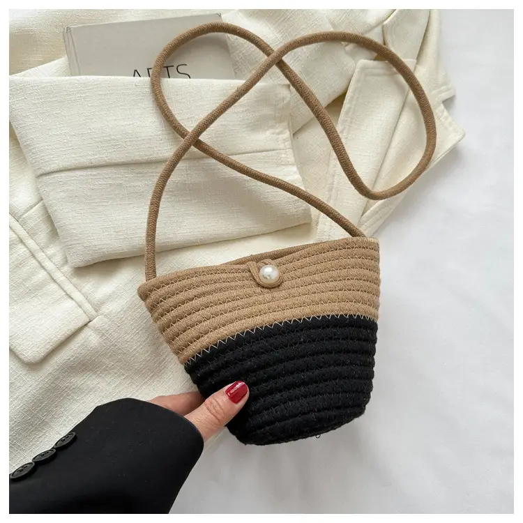 Woven Beige Shoulder Messenger Bag with Yellow Bow — feature 18