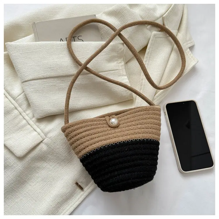 Woven Beige Shoulder Messenger Bag with Yellow Bow — feature 19