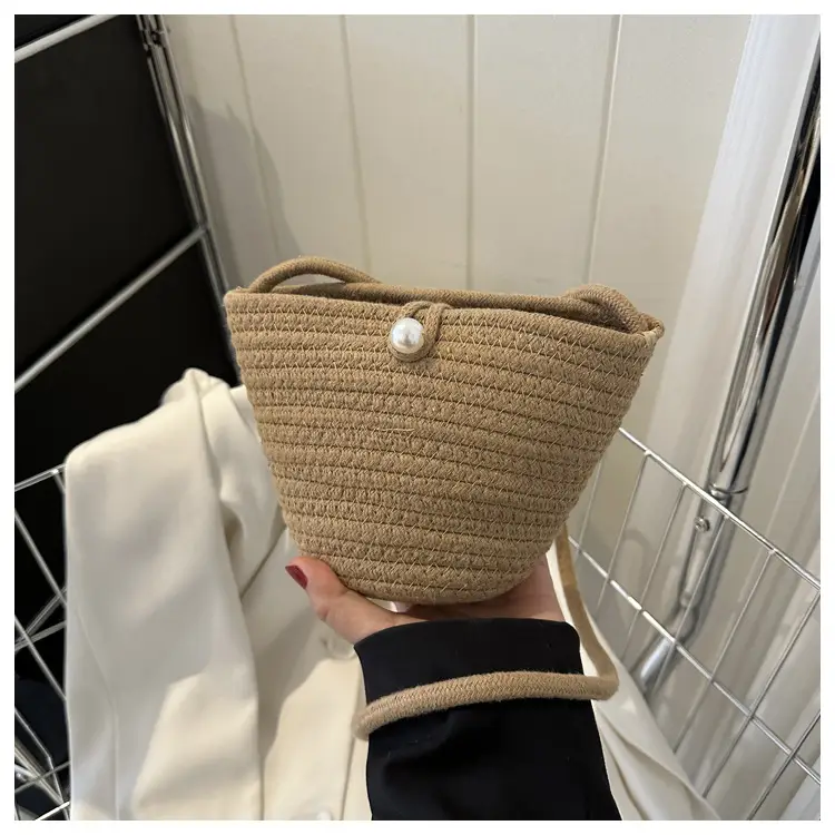 Woven Beige Shoulder Messenger Bag with Yellow Bow — feature 22