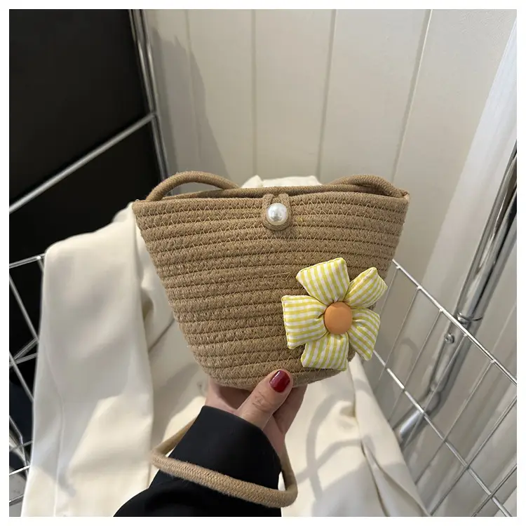 Woven Beige Shoulder Messenger Bag with Yellow Bow — feature 23